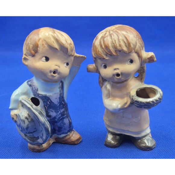 1960s UCTCI Japan Ceramic Boy w/Hat Girl w/Basket Figurines 4.5" YK - Picture 1 of 8